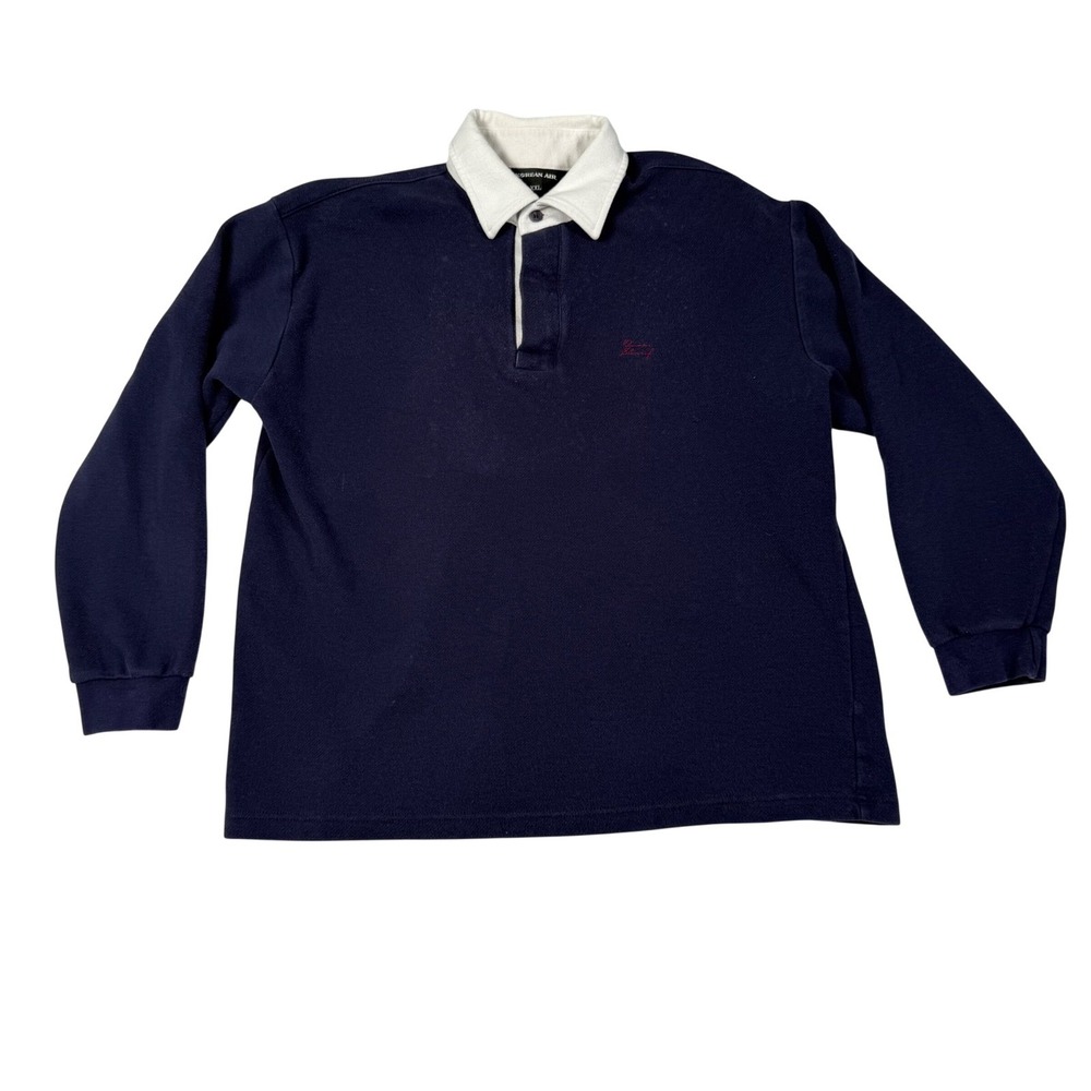 Vintage Korean Air Mens XXL Rugby Shirt Navy Blue White Omar Sharif Long Sleeve